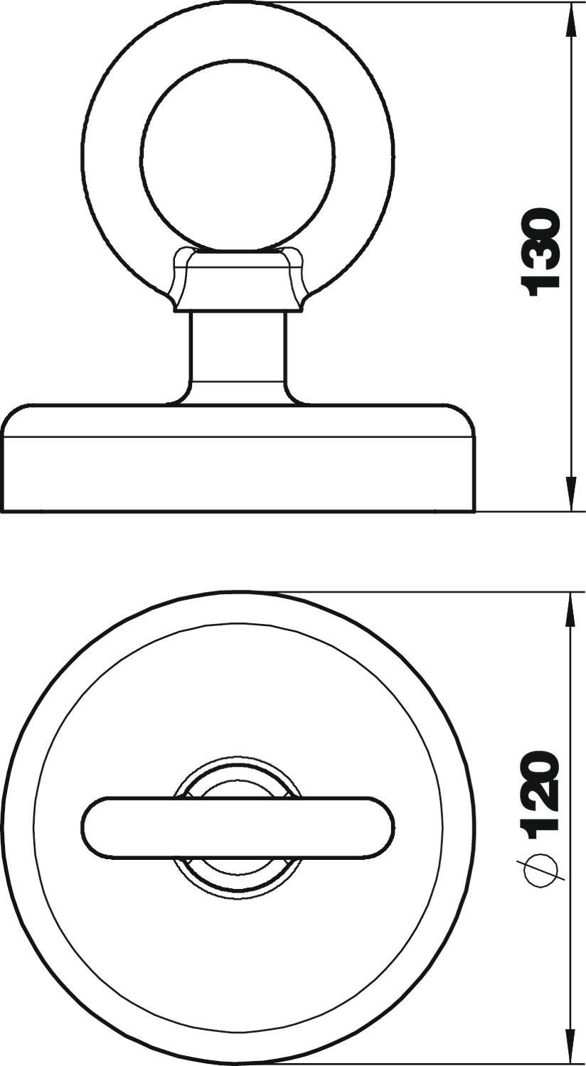 Technische Zeichnung eines runden Beschlags mit Öse, Höhe 130 mm, Durchmesser 120 mm. Oberansicht und Seitenansicht sind dargestellt.