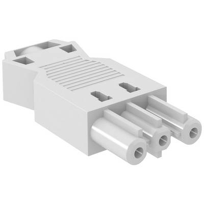 Nahaufnahme eines weißen elektrischen Steckverbinders mit drei Röhren und rechteckigem Gehäuse.