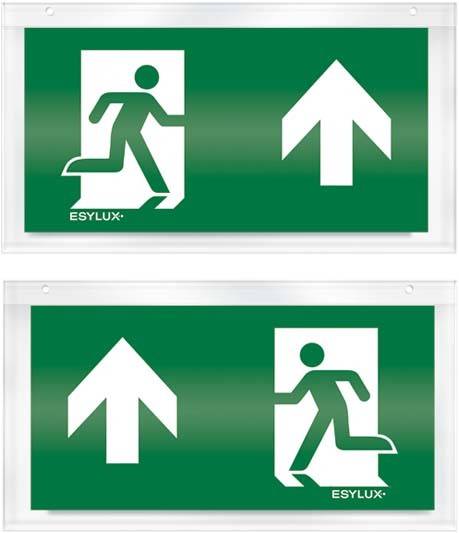 Zwei grüne Notausgangsschilder mit Pfeilen nach oben. Oben links eine Figur, die in einen Ausgang rennt, unten rechts dasselbe Motiv.