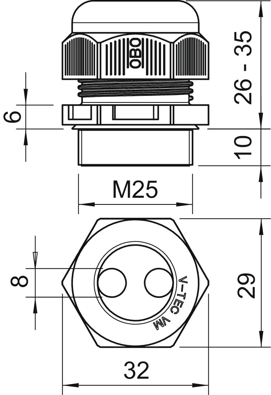 Technische Zeichnung eines Kabelverschlusses, M25, mit genauen Maßangaben: 26-35 mm Höhe, 32 mm Breite, Interface-Durchmesser 8 mm.
