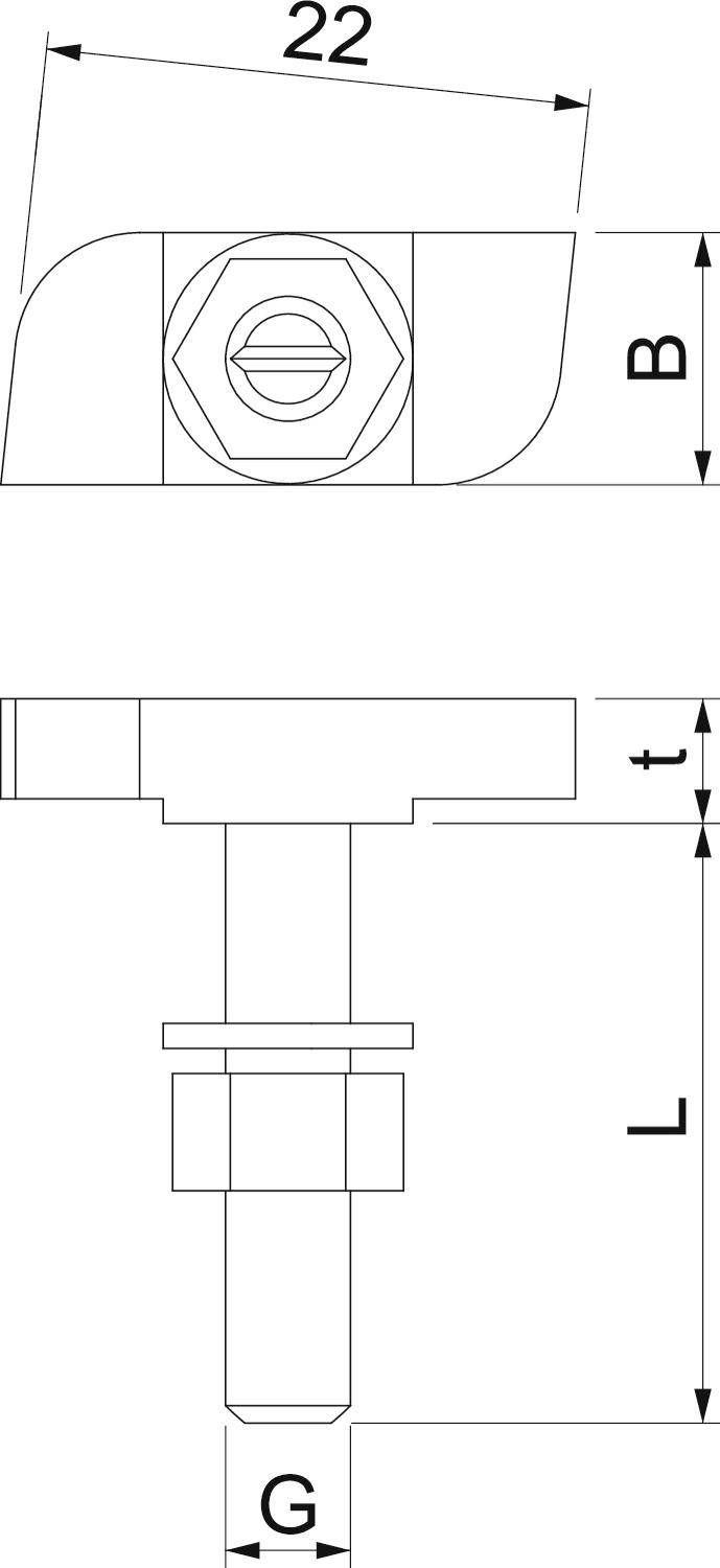 Technische Zeichnung eines Schraubenbolzens mit Maßen: 22 mm Breite, Höhe 'B', Tiefe 't', Länge 'L', Gewinde 'G'. Draufsicht und Seitenansicht.