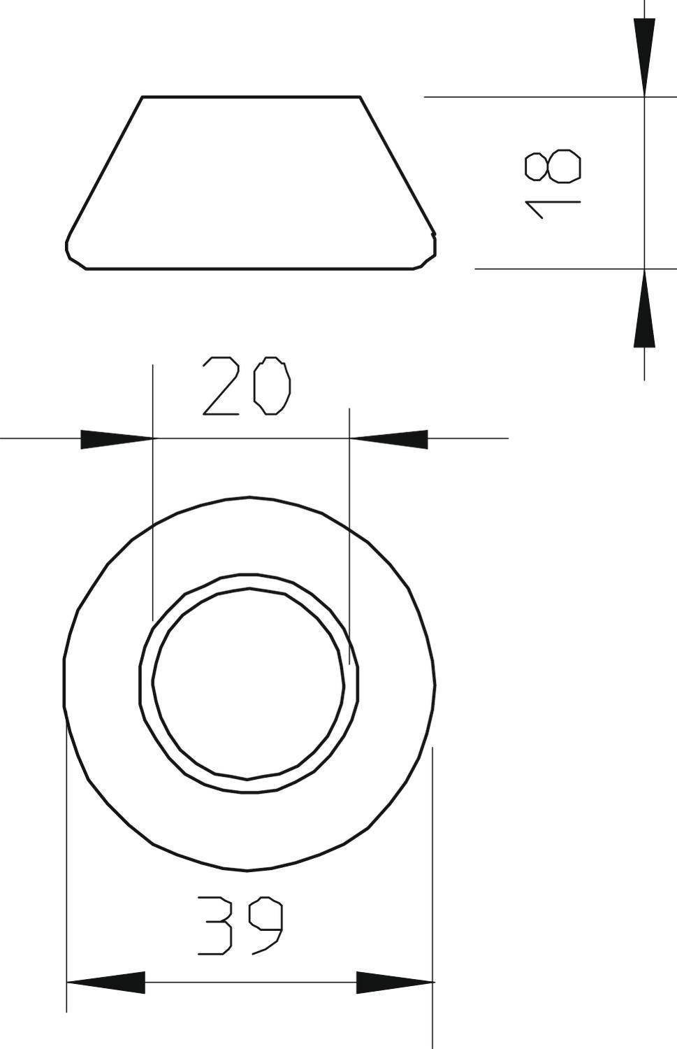 Technische Zeichnung eines zylindrischen Gegenstands; Durchmesser oben 18 mm, unten 20 mm, Höhe 8 mm, gesamt 39 mm.
