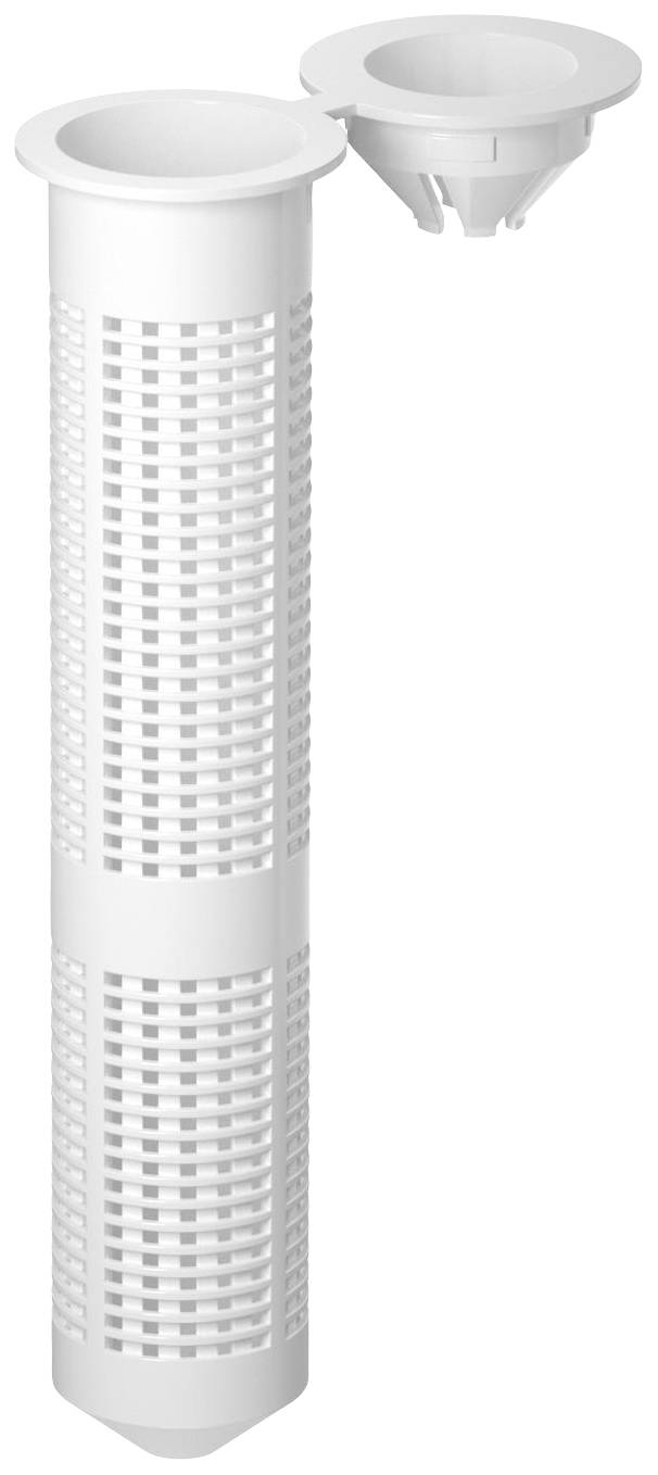 Weißer, zylinderförmiger Filter mit Gittermuster, besteht aus einem langen zylindrischen Teil und einem kürzeren, trichterförmigen Abschnitt.