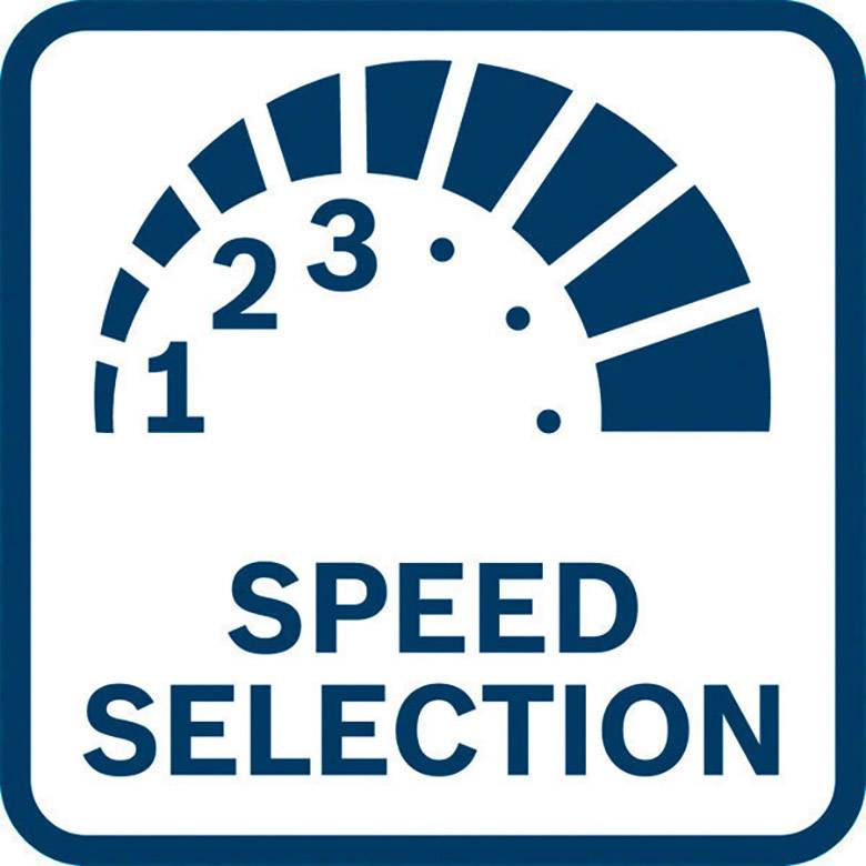 'Speed Selection' Schild mit Symbol eines Tachometers, zeigt eine Geschwindigkeitswahl mit den Zahlen 1, 2, 3.