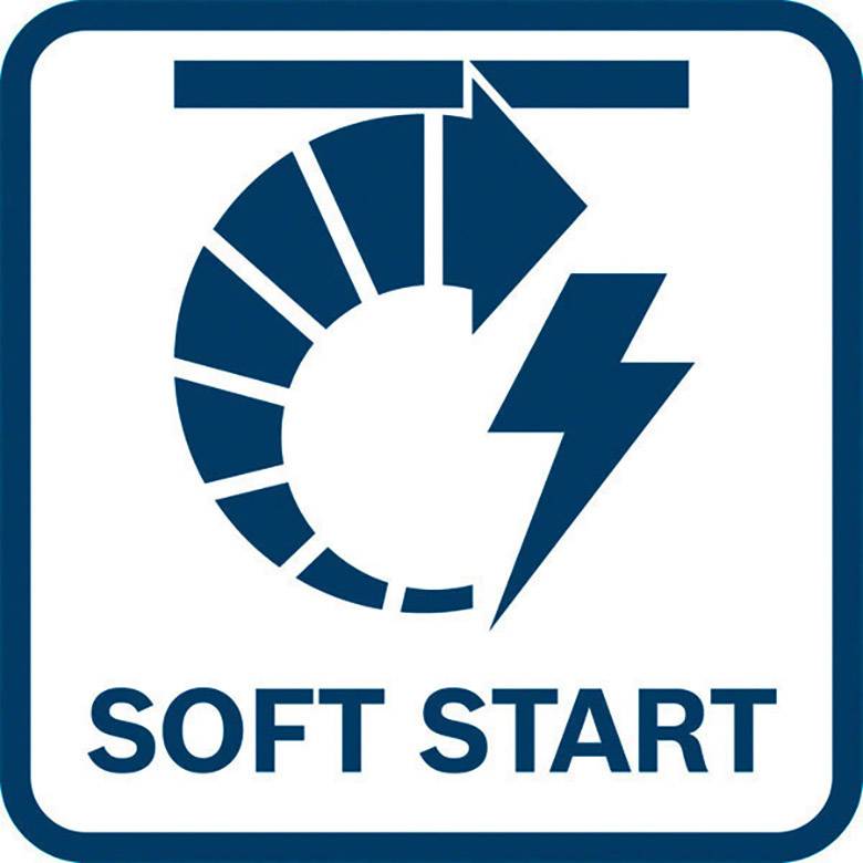 Das Bild zeigt ein blaues Symbol mit einer Spirale und einem Blitz, darunter der Text 'SOFT START'.