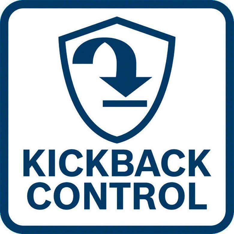 'Kickback Control'-Symbol mit einem bogenförmigen Pfeil in einem Schild, das auf Sicherheitsmechanismen hinweist.