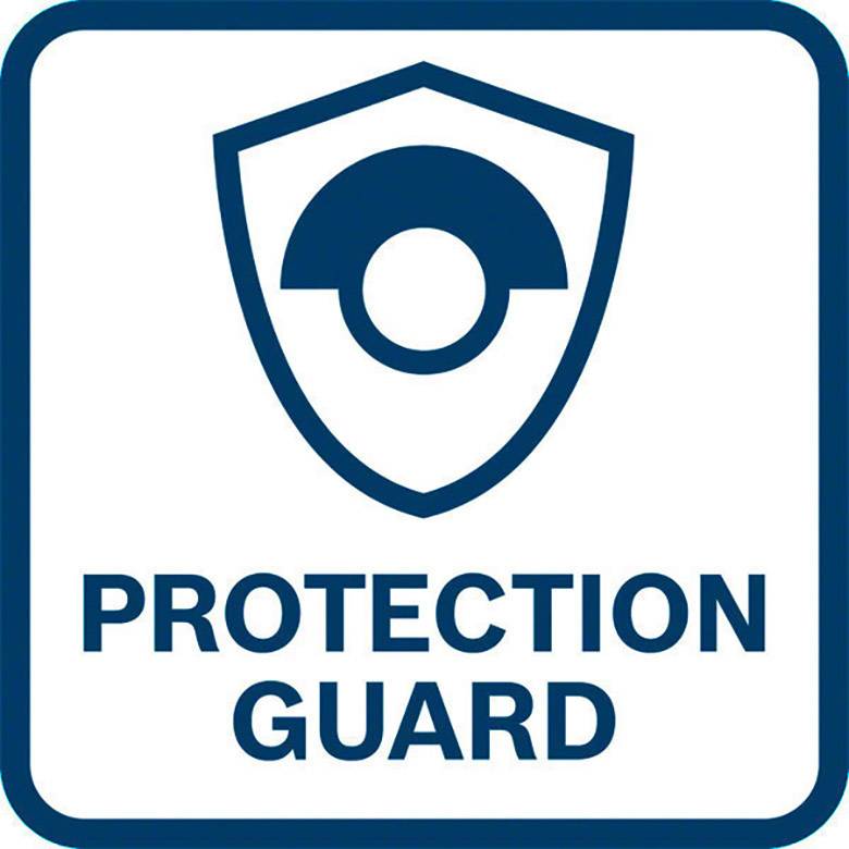 Ein blaues Logo mit einem Schild und einem Kreis in der Mitte, darunter steht der Text 'PROTECTION GUARD'.
