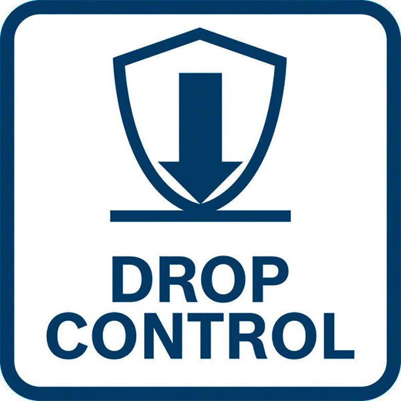 'Drop Control'-Symbol mit einem Pfeil nach unten auf einem Schutzschild. Zeichen steht für kontrolliertes Fallen oder Absenken.