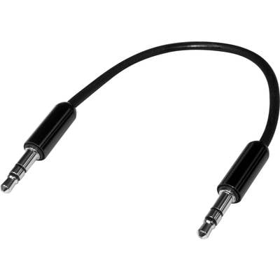 Schwarzes Audiokabel mit zwei 3,5-mm-Klinkensteckern an den Enden, zum Verbinden von Audioquellen wie Kopfhörern oder Lautsprechern.