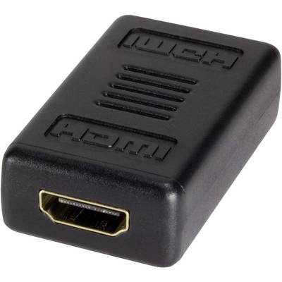 Ein kleiner, schwarzer HDMI-Kupplungsadapter mit HDMI-Anschlüssen an beiden Enden, dient zum Verbinden von zwei HDMI-Kabeln.