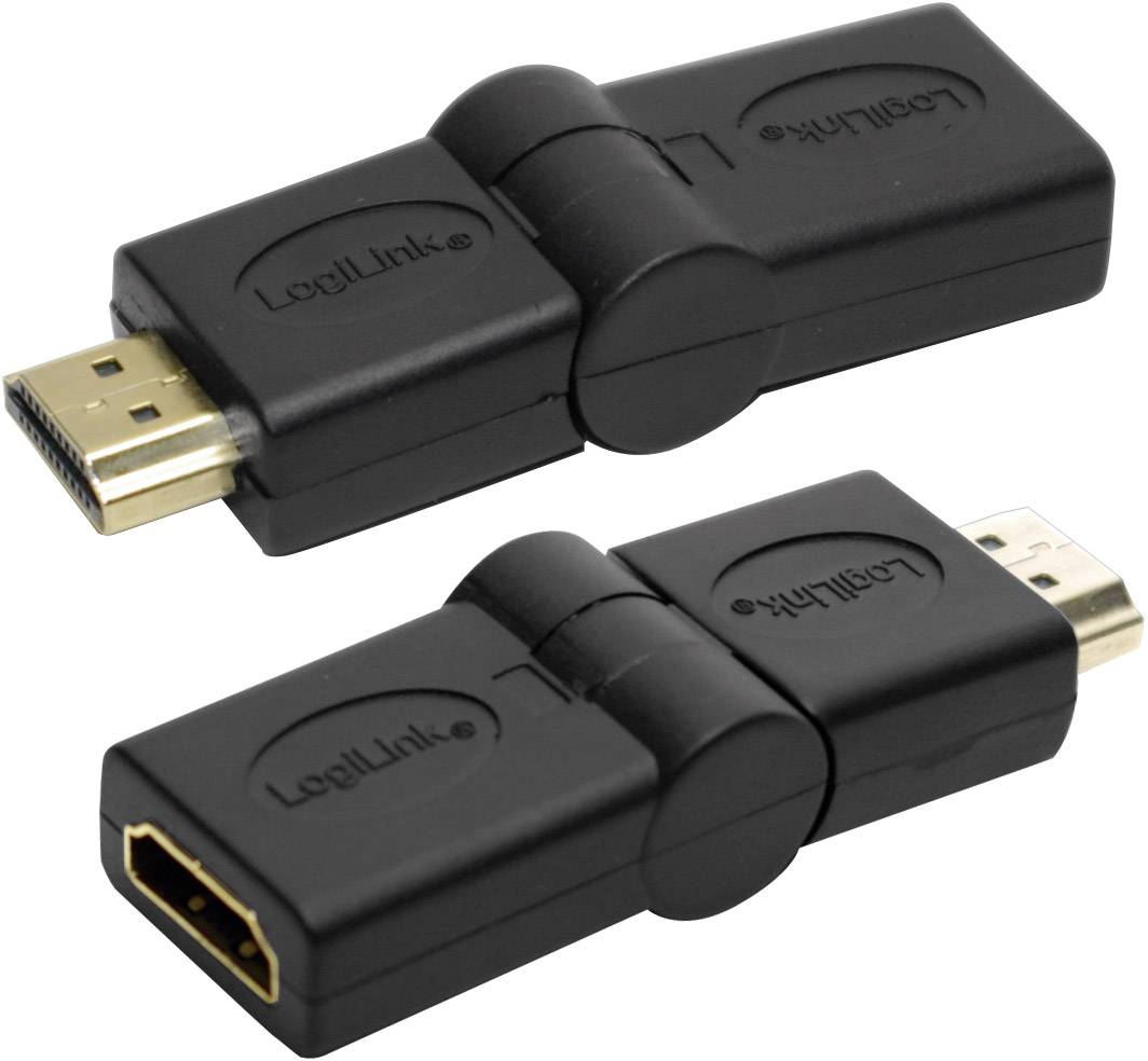 Schwarzer HDMI-Adapter mit schwenkbaren Anschlüssen, ermöglicht flexible Verbindungen zwischen HDMI-Geräten und Monitoren.
