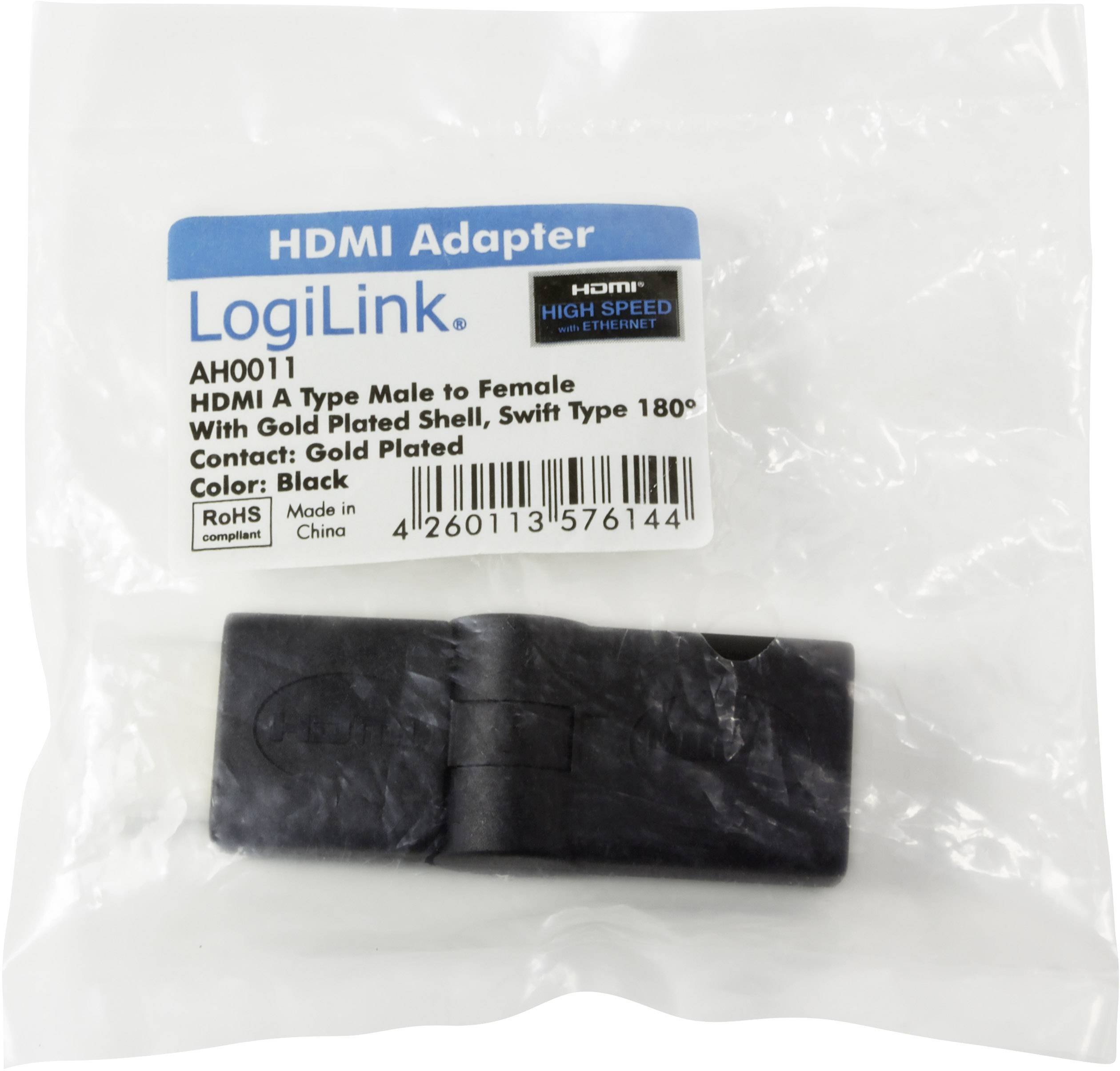Ein HDMI-Adapter, Typ A, Stecker auf Buchse, um 180 Grad drehbar, von LogiLink. Farbe: Schwarz. Verpackung mit Etikett und Barcode.