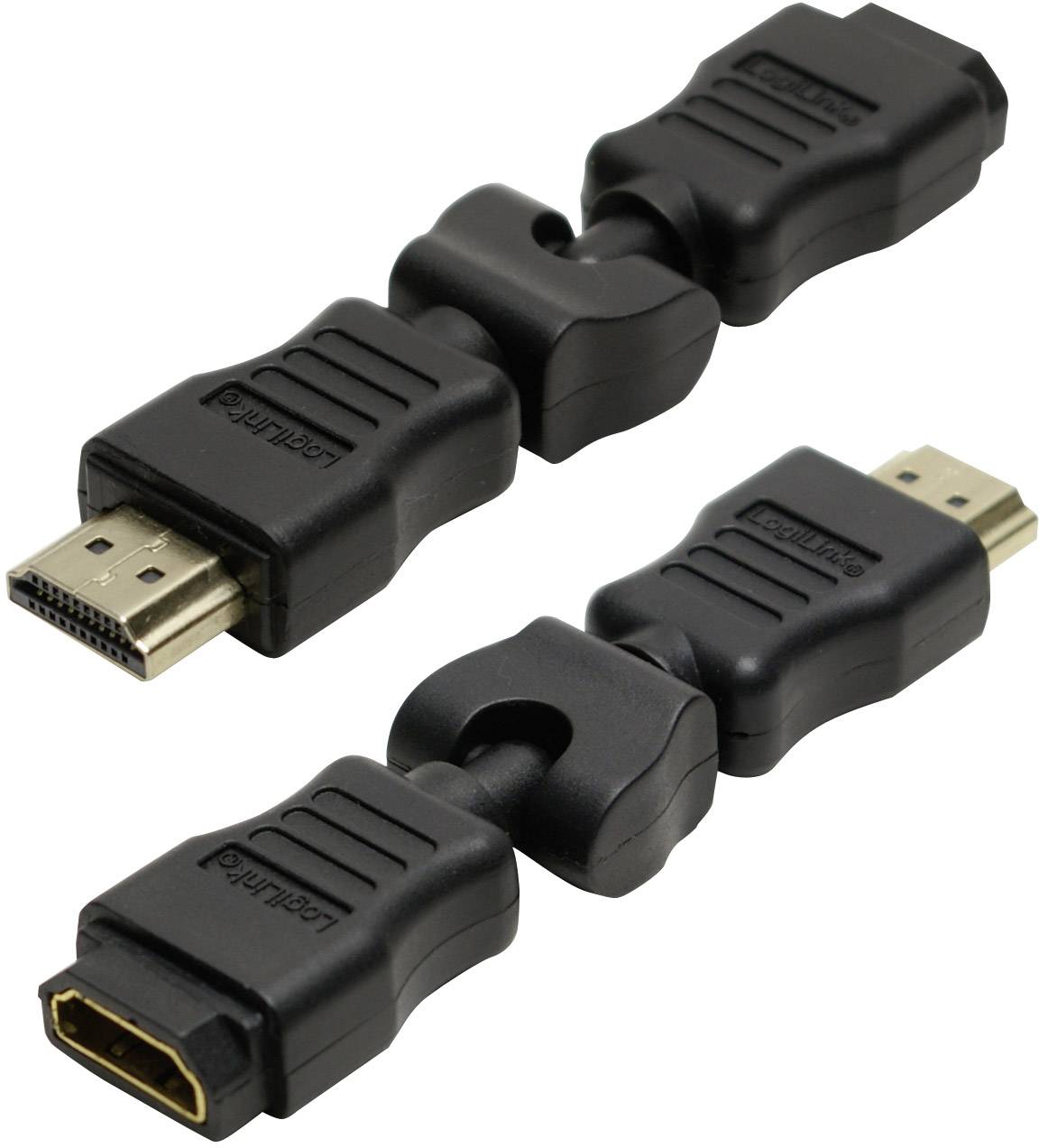 Zwei flexible schwarze HDMI-Adapter, die eine Winkelanpassung ermöglichen. Oben: Adapter mit männlichen Anschluss, unten: Adapter mit weiblichen Anschluss.