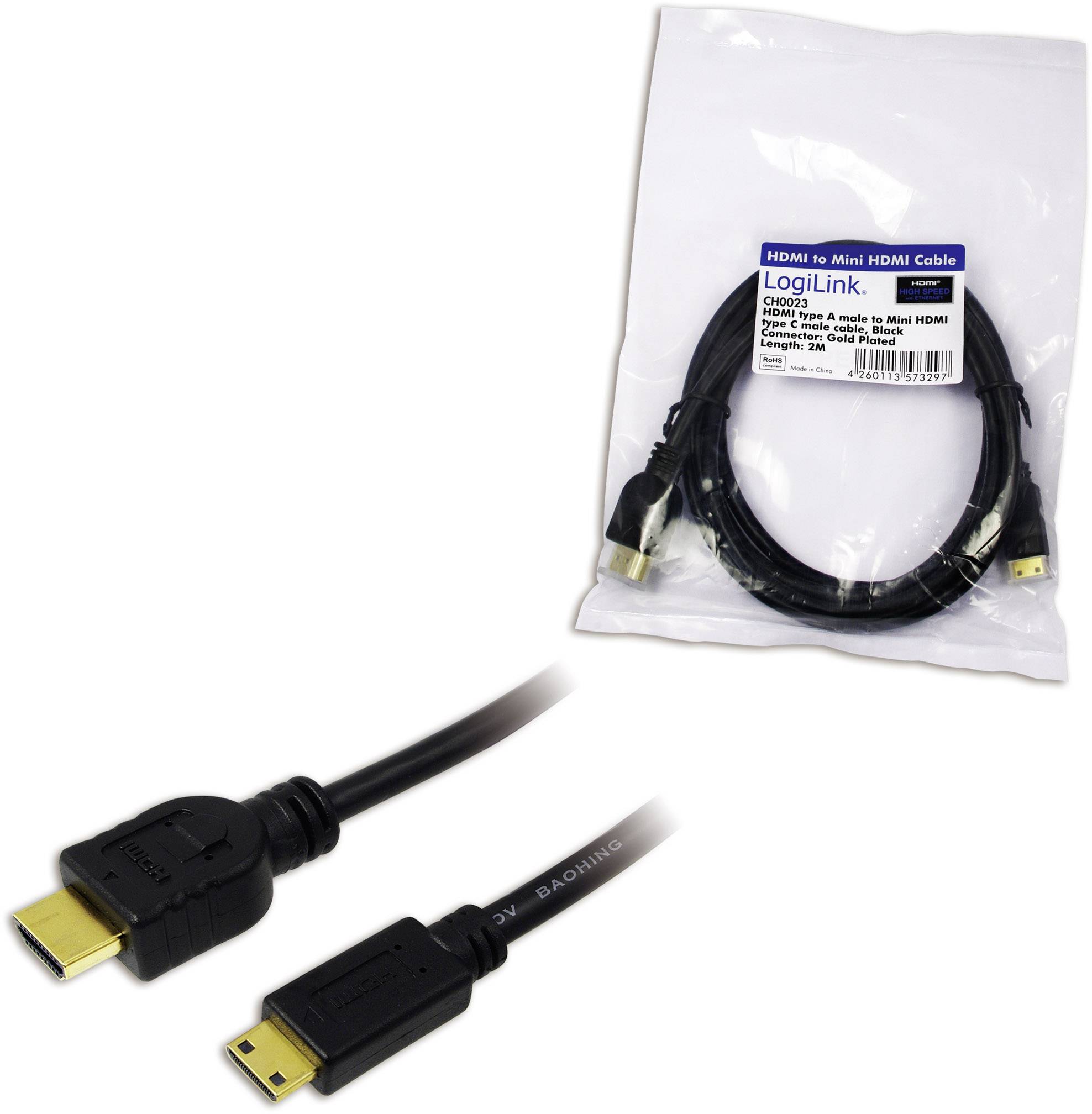 'HDMI zu Mini HDMI Kabel, 2 m, LogiLink. Geeignet für HDTV und Digital-Kameras. Abgebildet: Kabel in Verpackung und Nahaufnahme der Anschlüsse.'
