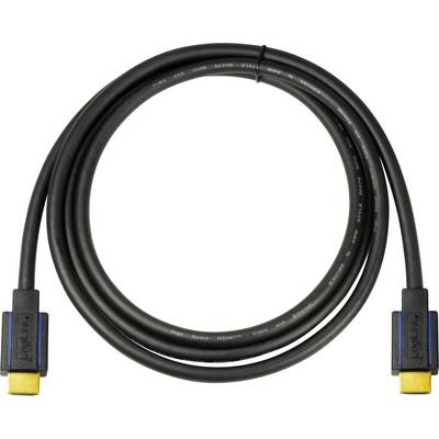 Schwarzes HDMI-Kabel mit goldfarbenen Steckern, aufgerollt in einem Kreis.