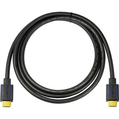 Ein schwarzes HDMI-Kabel mit goldenen Anschlüssen, gerollt in eine Schlaufe. Es wird zur Übertragung von Audio- und Videosignalen genutzt.