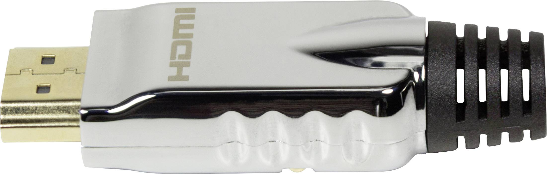Ein HDMI-Stecker mit silbernem Gehäuse und schwarzem Kabelende, zum Verbinden von Geräten wie Fernsehern oder Monitoren.