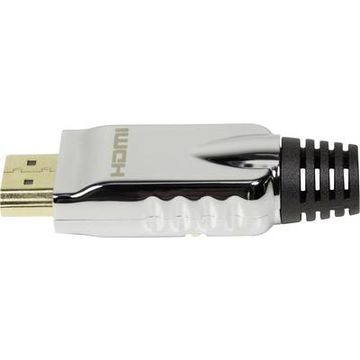 Ein HDMI-Stecker mit silbernem Gehäuse und schwarzem Kabelende, zum Verbinden von Geräten wie Fernsehern oder Monitoren.