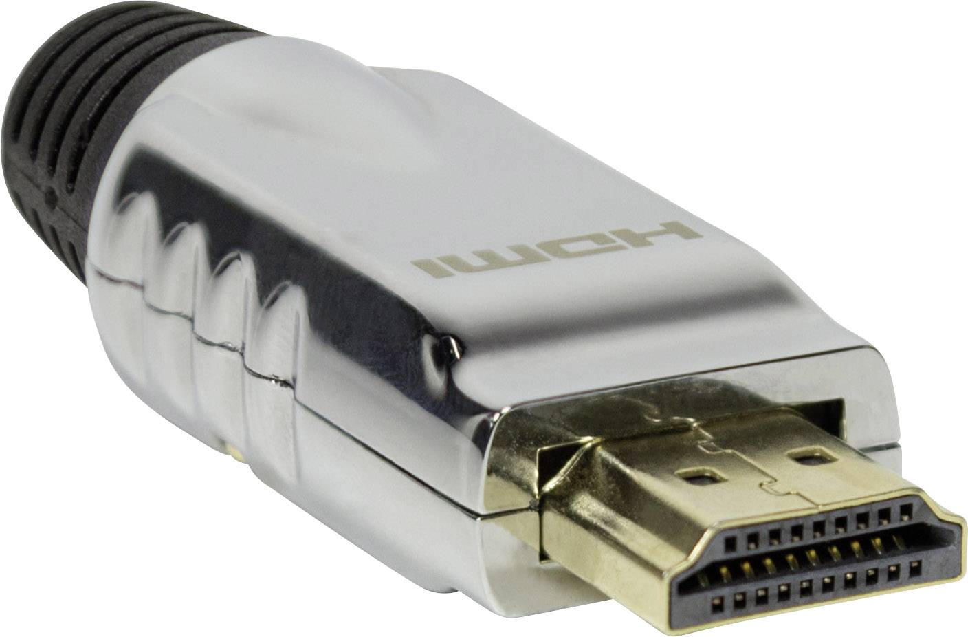 Ein silbernes HDMI-Kabel mit schwarzem Anschlussstück, das zur Übertragung von Audio- und Videosignalen zwischen Geräten verwendet wird.