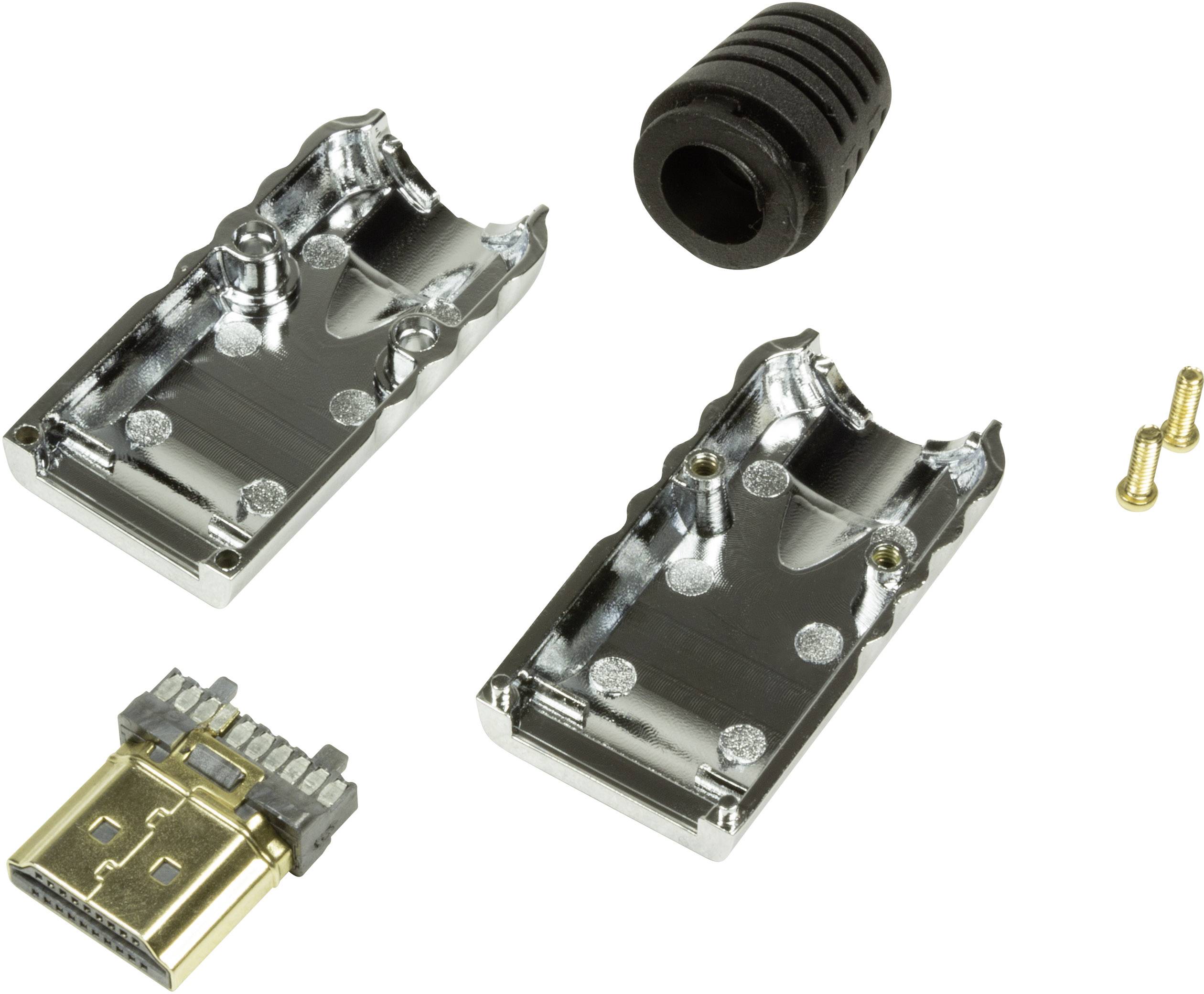 Ein zerlegter HDMI-Stecker mit Metallgehäuse, Kunststoffkappe und zwei kleinen Schrauben. Components liegen nebeneinander.
