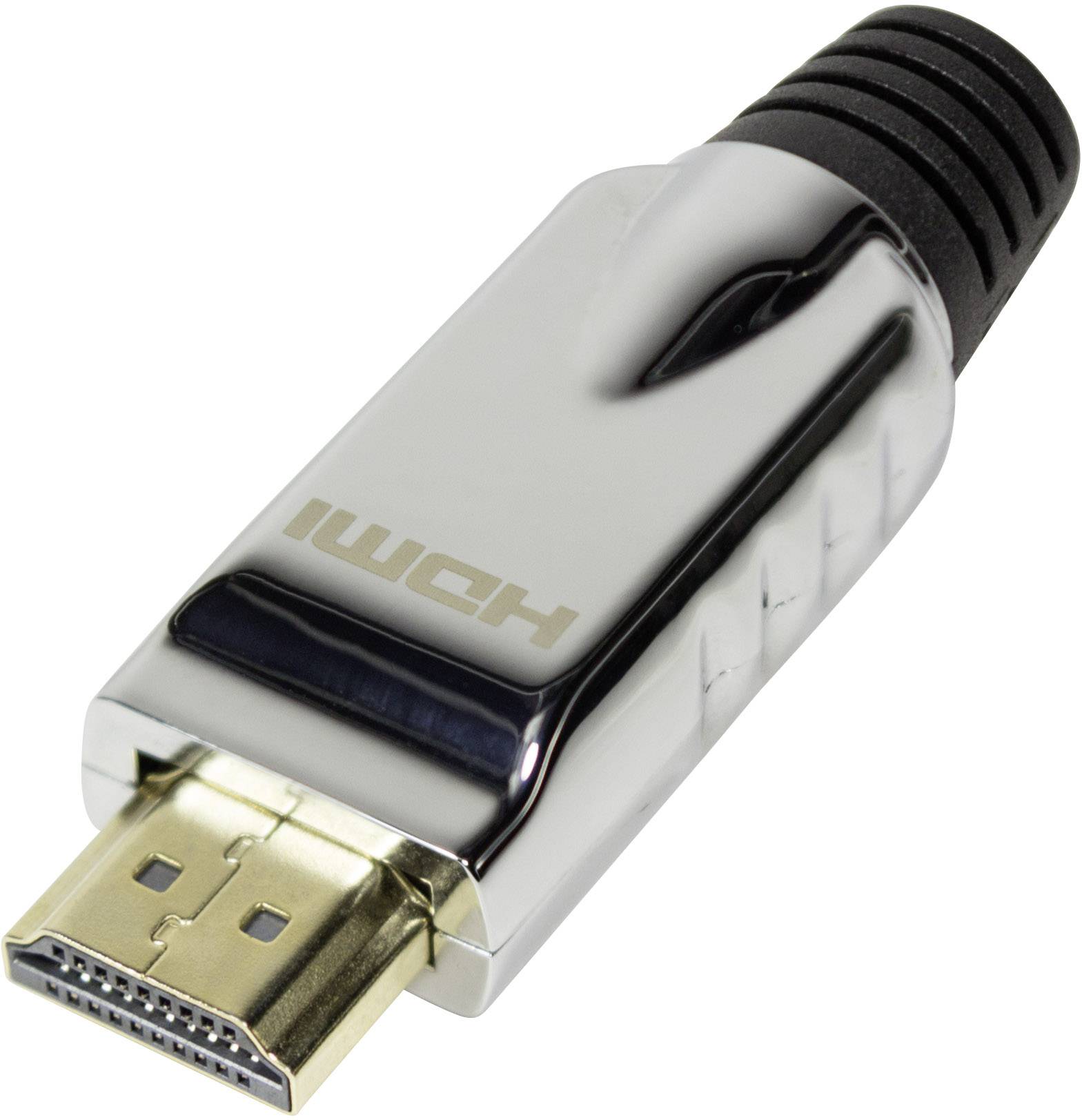 Ein glänzender Metall-HDMI-Stecker mit schwarzen Kunststoffelementen, gezeigt in Nahaufnahme.