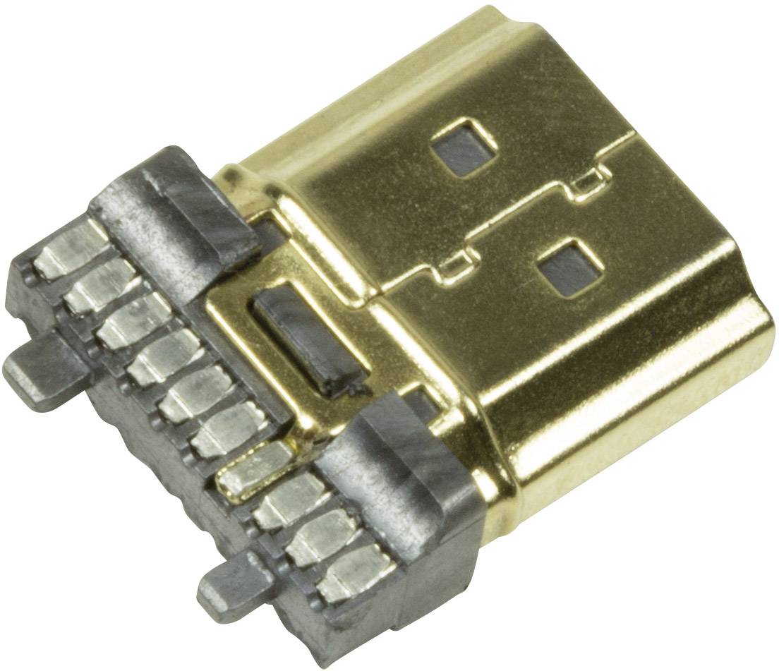 Ein USB-C-Stecker, mit einem goldfarbenen Gehäuse und mehreren silbernen Kontakten, geeignet für schnelle Datenübertragung und Stromversorgung.