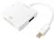 Ein weißer Adapter mit Mini DisplayPort-Anschluss, der eine DVI- und eine DisplayPort-Buchse bietet. Von LogiLink.