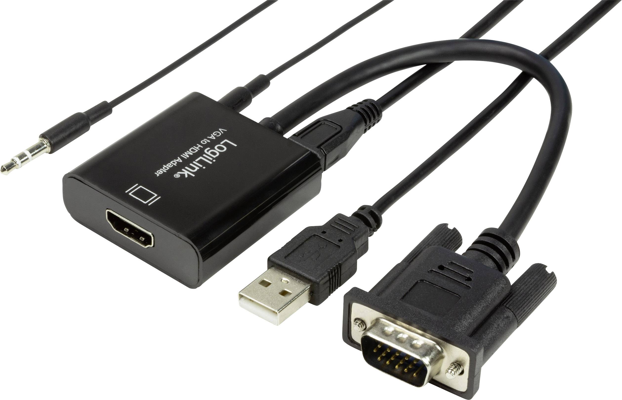 USB-auf-VGA-Adapter mit HDMI-Anschluss und 3,5-mm-Audiokabel, geeignet für die Verbindung von Computern mit älteren Monitoren oder Projektoren.