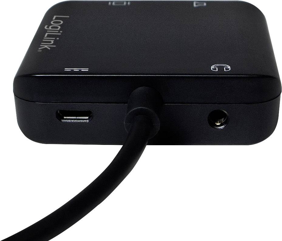 Ein schwarzer LogiLink-Adapter mit einem USB-Anschluss und einer Kopfhörerbuchse, auf einem weißen Hintergrund.