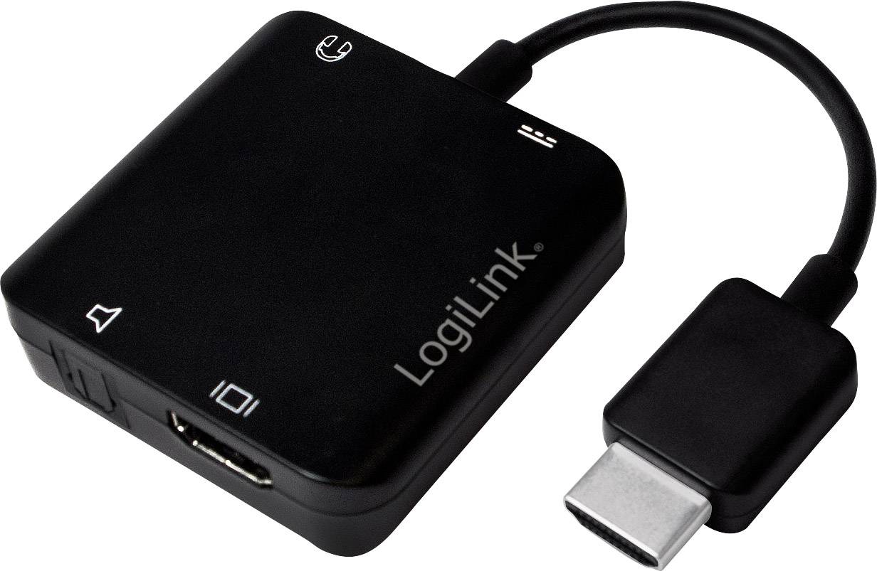 Ein schwarzer LogiLink-Adapter mit USB-C-Anschluss, HDMI- und USB-Anschlüssen.