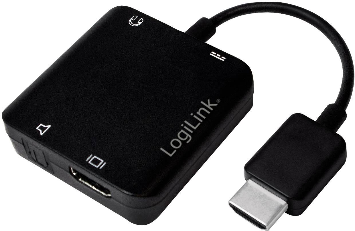 Ein schwarzer Adapter von LogiLink mit einem USB-C-Stecker, der HDMI- und USB-Anschlüsse bietet.