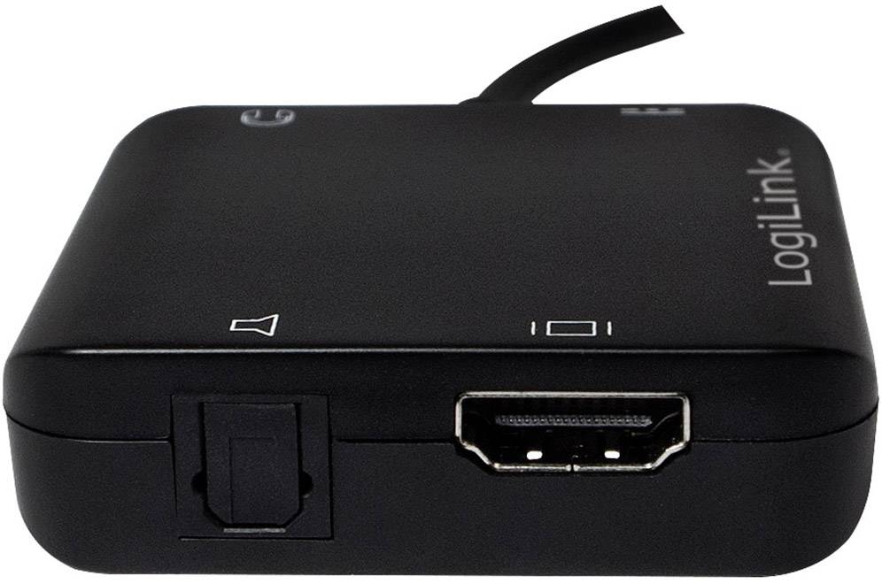 Schwarzes HDMI-zu-VGA-Konvertergerät von LogiLink mit Anschlüssen für HDMI-Ausgang und VGA-Eingang, geeignet für Bildschirme.