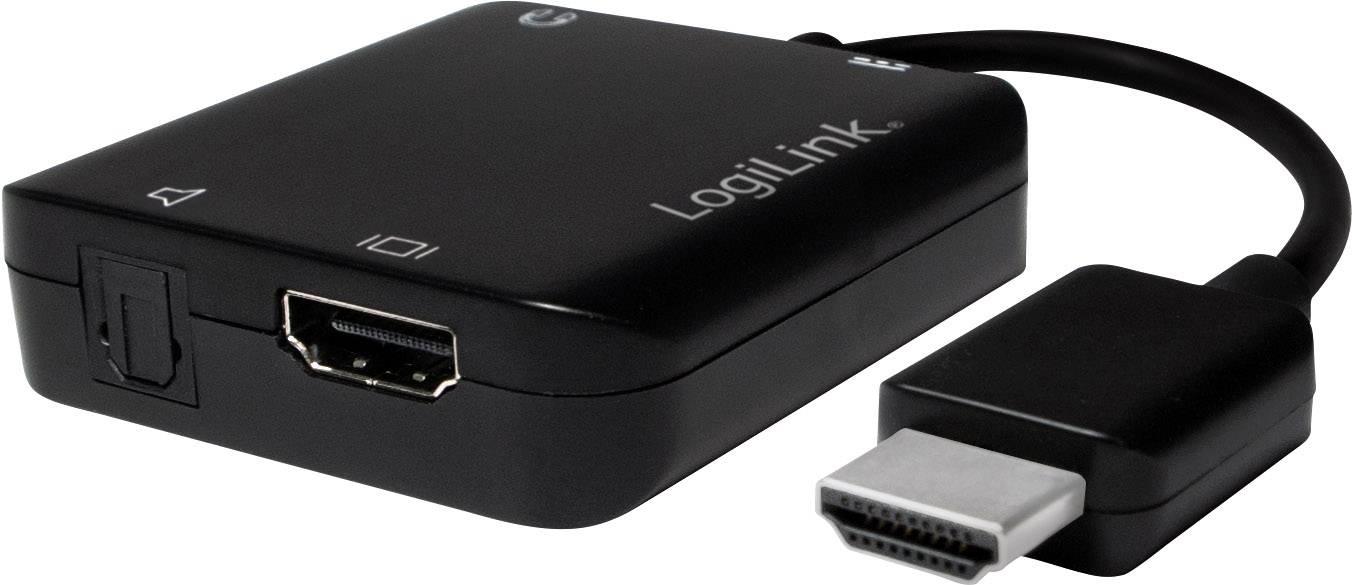 'LogiLink Adapter' mit HDMI-Stecker und Optikanschluss, schwarzes Gehäuse. Zur Verbindung von HDMI-Geräten.