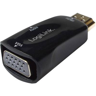 Ein schwarzer LogiLink-Adapter mit VGA- und Audio-Eingang und HDMI-Ausgang.