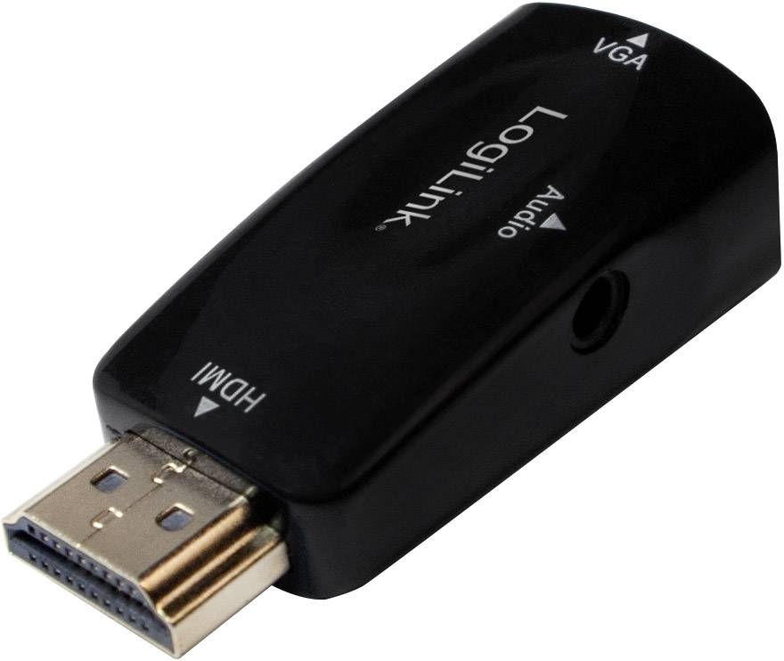 Schwarzer HDMI-auf-VGA-Adapter von LogiLink mit Audioanschluss, ermöglicht Verbindung von HDMI-Geräten zu VGA-Anzeigen.