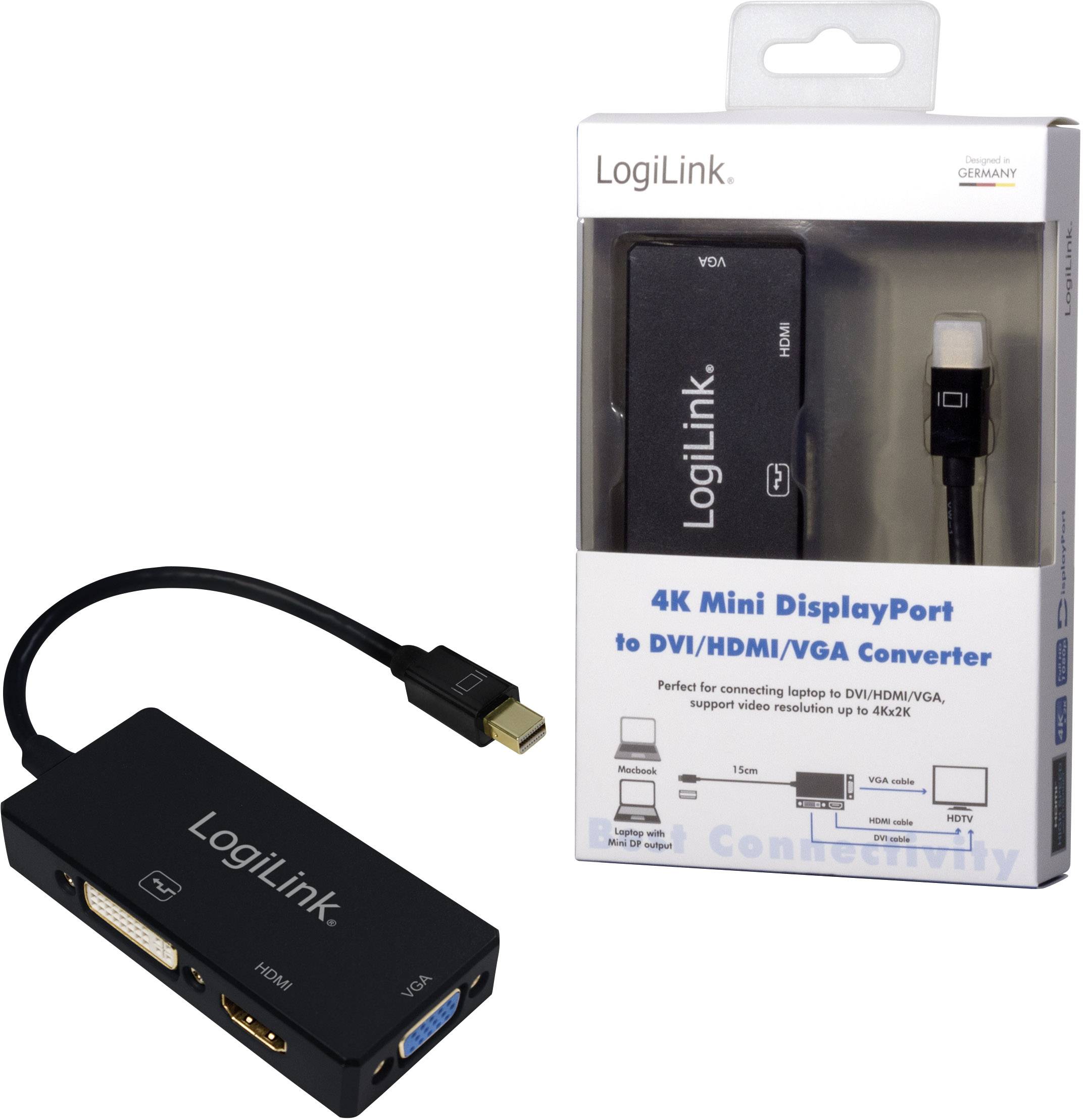 'LogiLink 4K Mini DisplayPort zu DVI/HDMI/VGA Converter' Verpackung und Produkt. Gerät zum Anschließen von Laptops an Bildschirme.