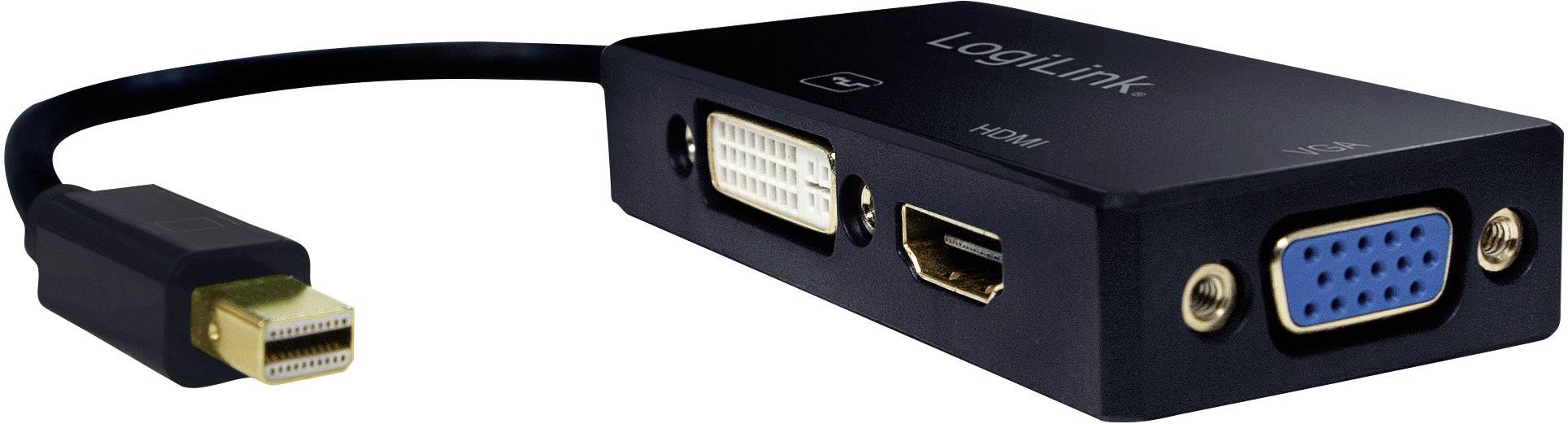 Adapter mit HDMI-, DVI- und VGA-Anschlüssen, verbunden mit einem Mini DisplayPort-Kabel. 
