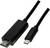 Schwarzes HDMI-auf-USB-C-Kabel, mit HDMI-Stecker links und USB-C-Stecker rechts. 