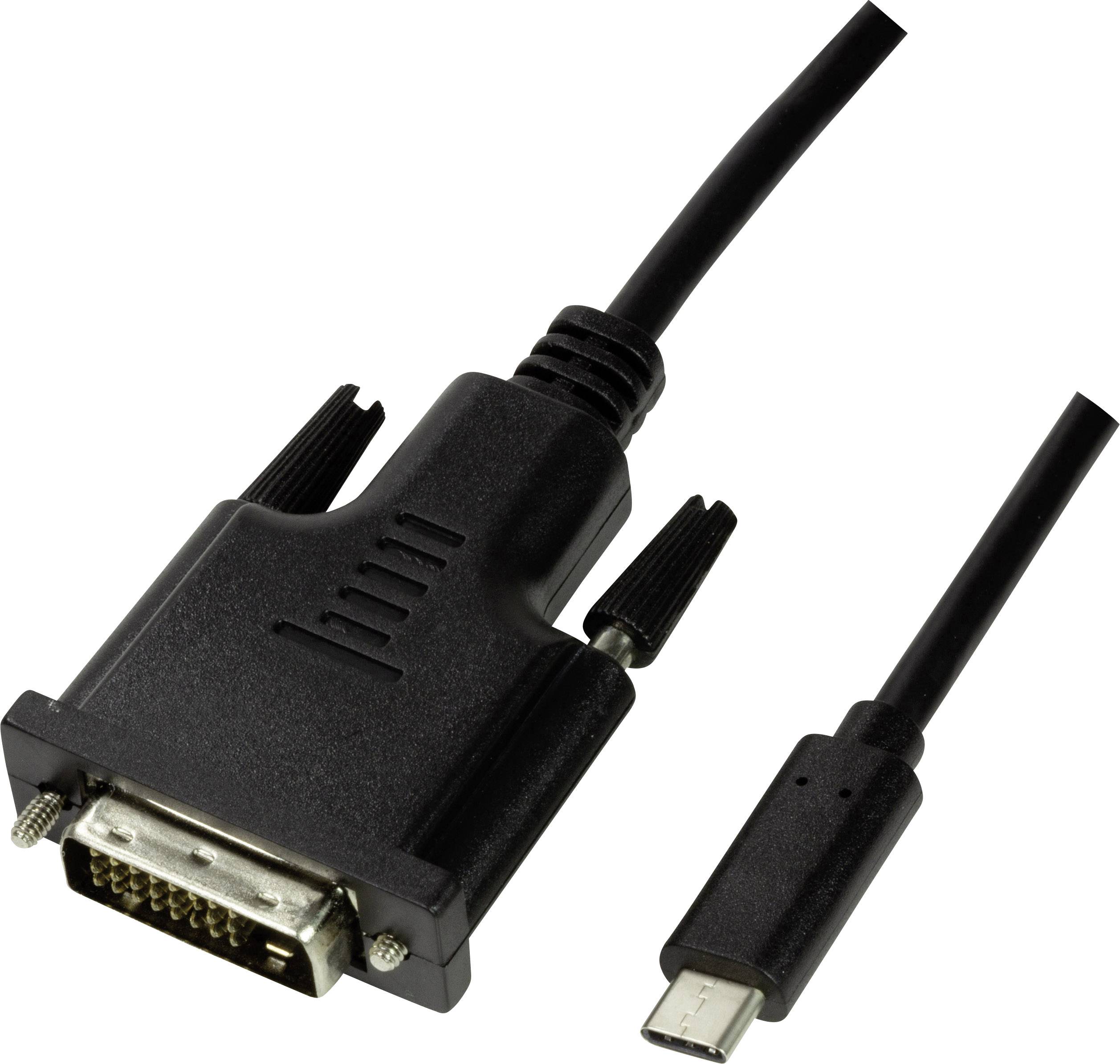 Nahaufnahme eines schwarzen Kabels mit DVI- und USB-C-Anschlüssen.
