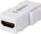 Ein weißer HDMI-Koppler mit einem Pfeil zeigt die Richtung 'IN' und 'OUT' an.