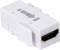 HDMI-Kupplungsadapter, rechteckige weiße Form, mit Pfeilen und Beschriftungen 'IN' und 'OUT', zeigt Signalflussrichtung an.