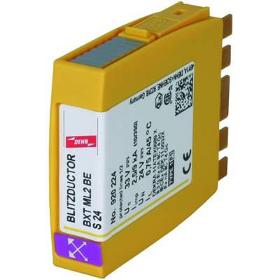 Gelbes Blitzschutzgerät mit der Aufschrift 'BLITZDUCTOR BXT ML2 BE S 24', Hersteller DEHN. Es schützt vor Blitz- und Überspannungsschäden.