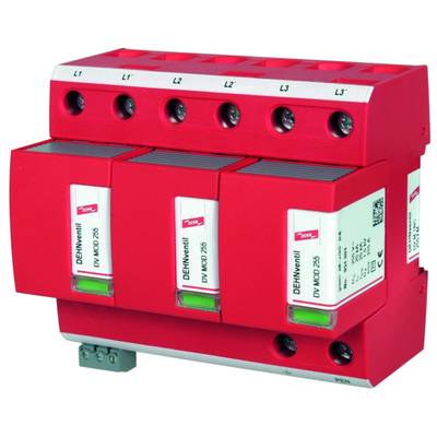 Ein rotes Überspannungsschutzgerät mit mehreren Anschlüssen, montiert auf einer DIN-Schiene, für den Schutz elektrischer Systeme.