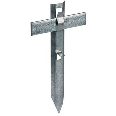 Ein verzinkter Stahlpfostenhalter mit spitzem Ende zum Verankern von Holzbalken im Boden.