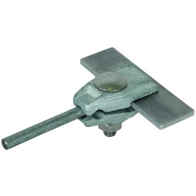 Ein grünes Befestigungselement aus Metall mit flacher, rechteckiger Platte und Schraubgewinde, vermutlich für mechanische Anwendungen.