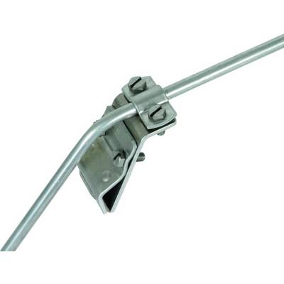 Eine Metallklemme hält zwei gebogene Metallstangen fest zusammen, gesichert mit Schrauben und Muttern. Geeignet für mechanische Anwendungen.