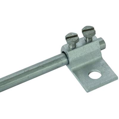 Metallhalterung mit zwei Schrauben, an der eine Metallstange befestigt ist. Die Halterung hat eine runde Öffnung zur Befestigung.