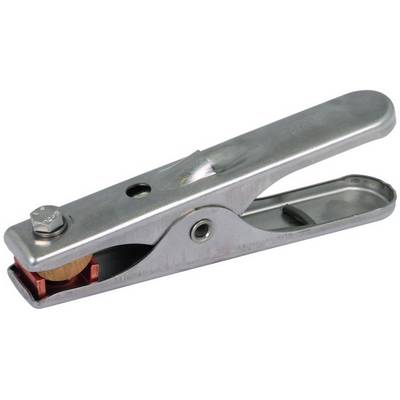 Metallischer Klemmenhalter in geschlossener Position, verwendet für das Verbinden von Kabeln oder anderen leitenden Teilen.