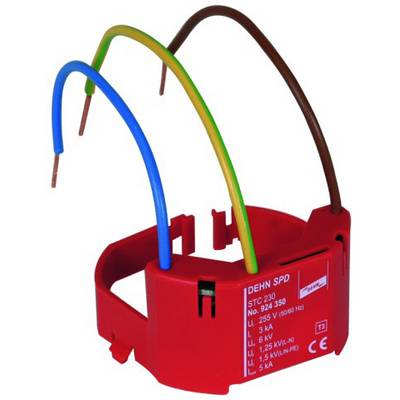 Roter Blitzschutzadapter mit drei bunten Kabeln (braun, blau, grün-gelb), markiert mit technischen Details für Stromspannung.