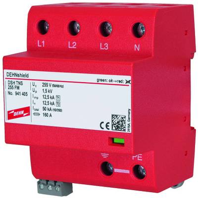 Ein rotes Überspannungsschutzgerät mit der Aufschrift 'DEHNshield DSH TNS 255 FM'. Es hat vier Anschlüsse: L1, L2, L3, N.